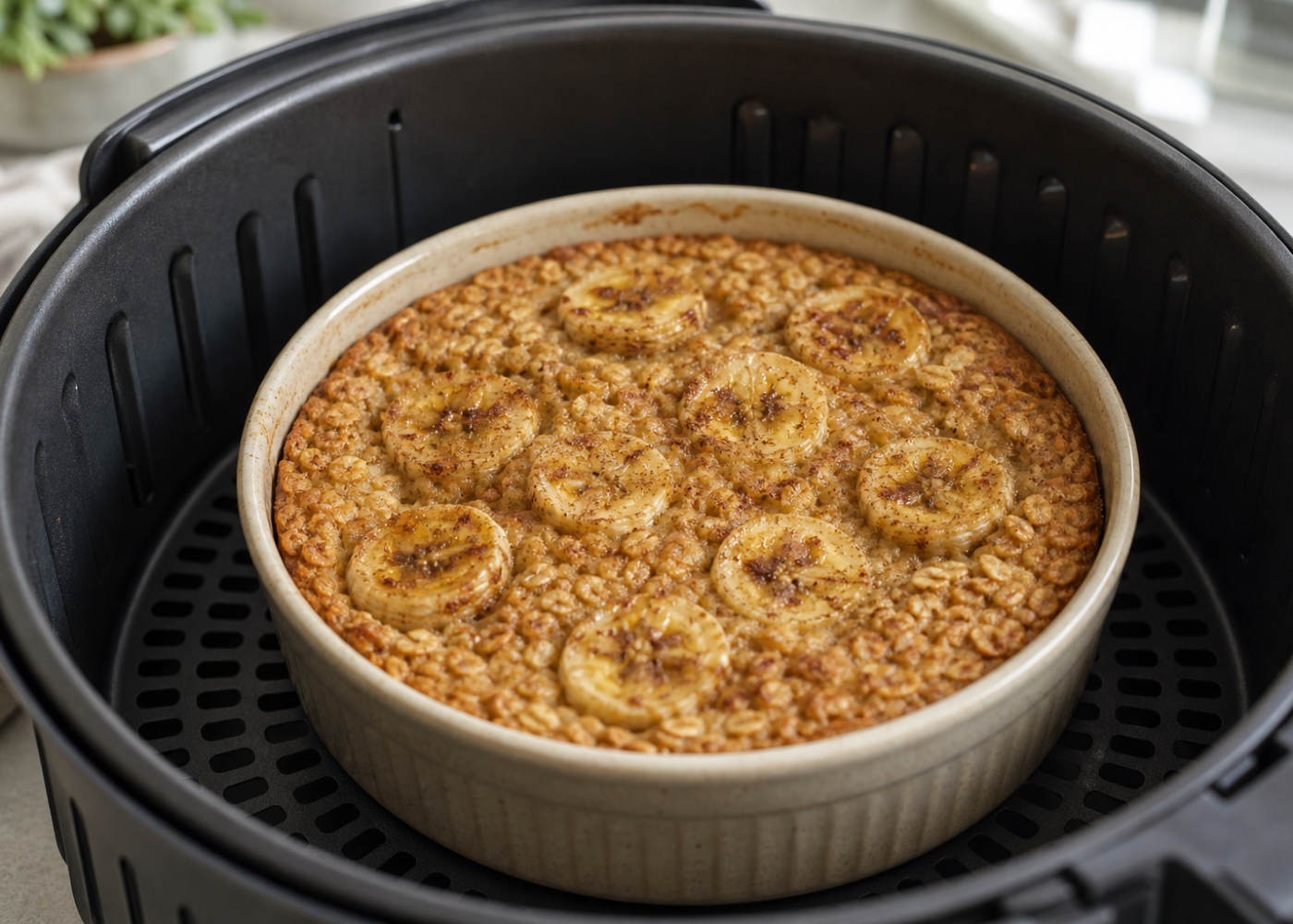 Banana-cinnamon baked oatmeal in a ramekin inside an open air-fryer basket.
