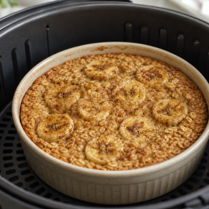 Banana-cinnamon baked oatmeal in a ramekin inside an open air-fryer basket.