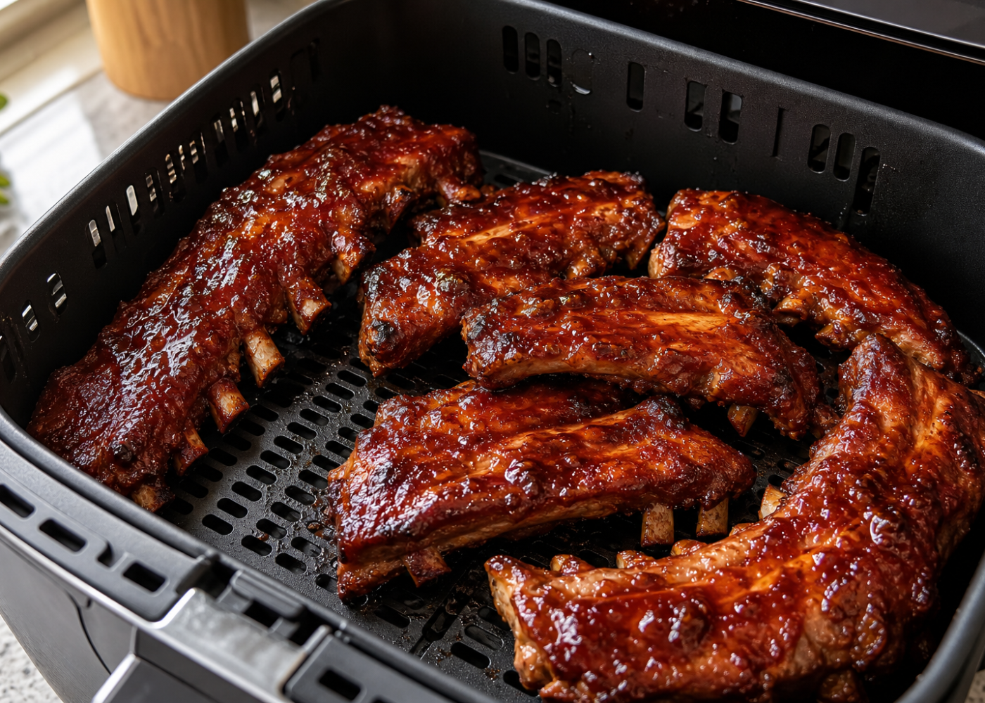 Sticky BBQ pork ribs in an open air fryer basket with the perforated grid visible