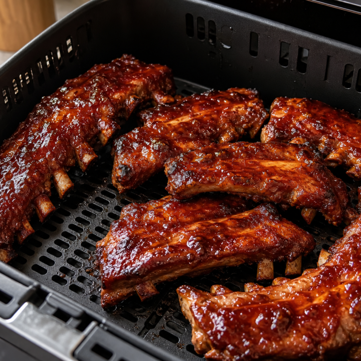 Sticky BBQ pork ribs in an open air fryer basket with the perforated grid visible