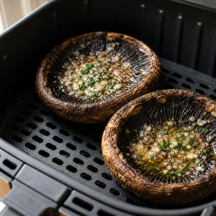 Garlic-butter portobello mushroom caps in an open air-fryer basket with its perforated grid visible.
