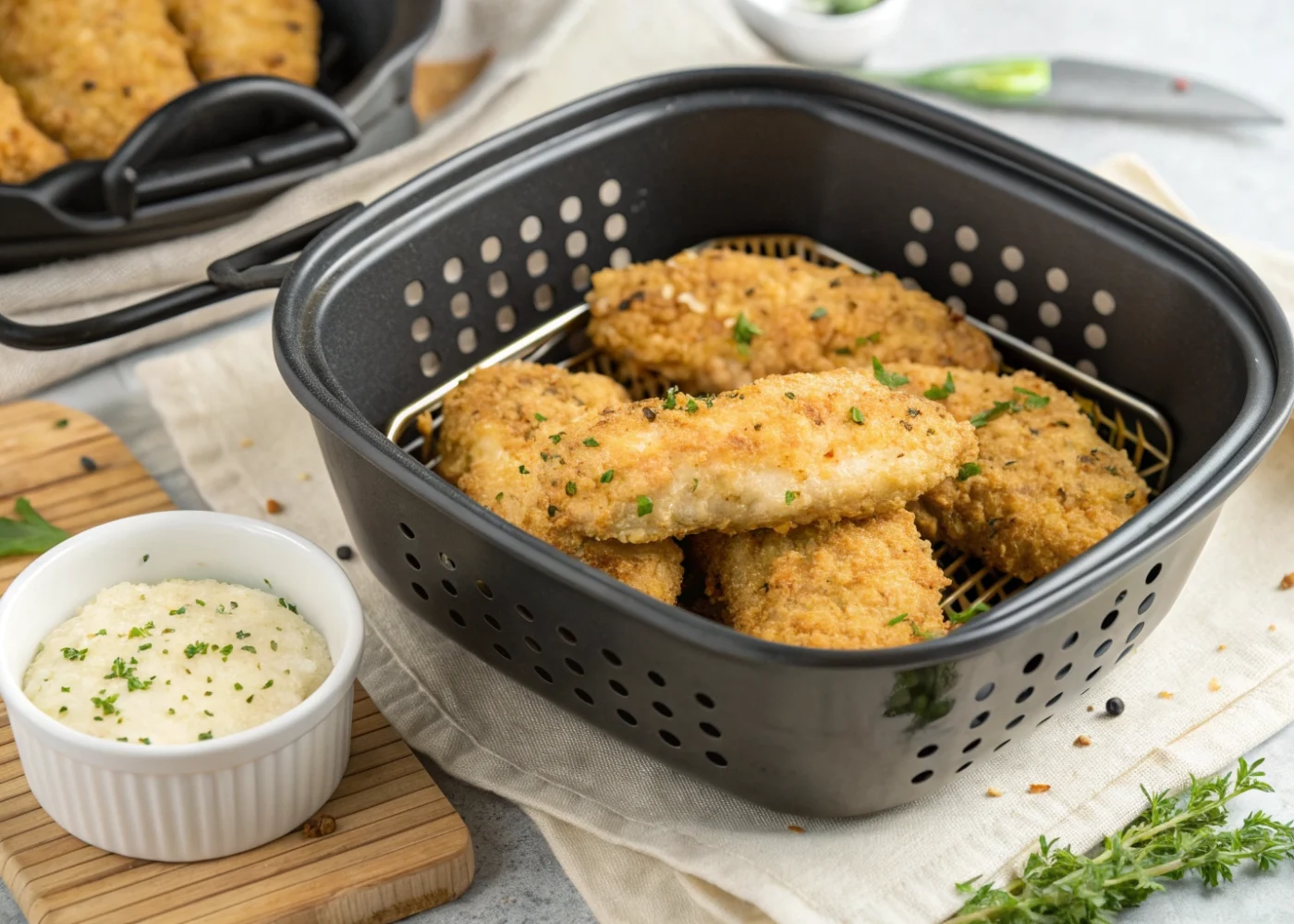 Golden ranch chicken tenders with Parmesan-panko crumbs arranged in a spaced single layer in an open air-fryer basket.