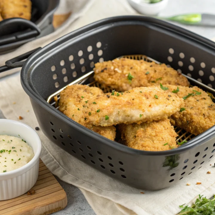 Golden ranch chicken tenders with Parmesan-panko crumbs arranged in a spaced single layer in an open air-fryer basket.