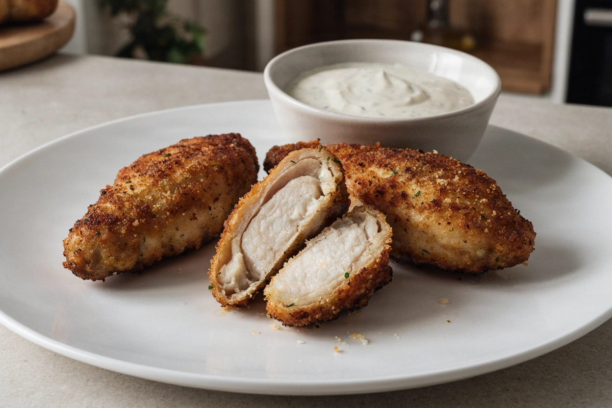 A cut-open ranch chicken tender showing moist white chicken beneath a golden Parmesan-panko crust, beside whole tenders and ranch dip.