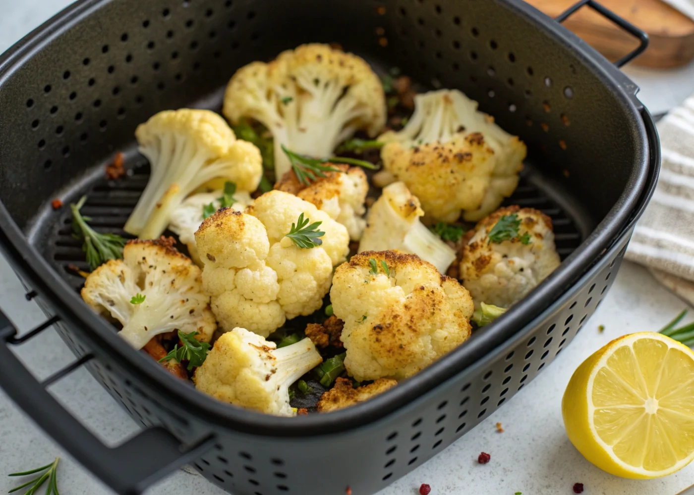 Cumin-seasoned roasted cauliflower with golden-brown edges and lemon zest in an open air-fryer basket.