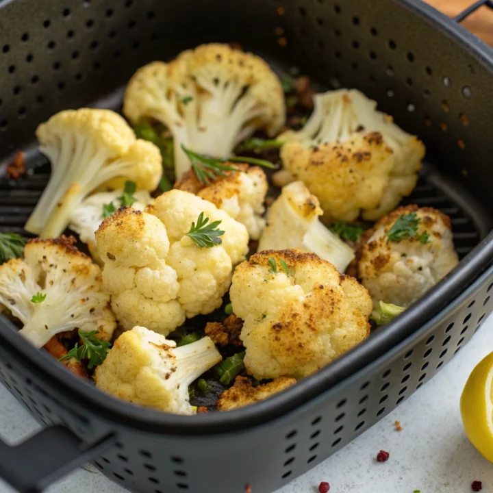 Cumin-seasoned roasted cauliflower with golden-brown edges and lemon zest in an open air-fryer basket.