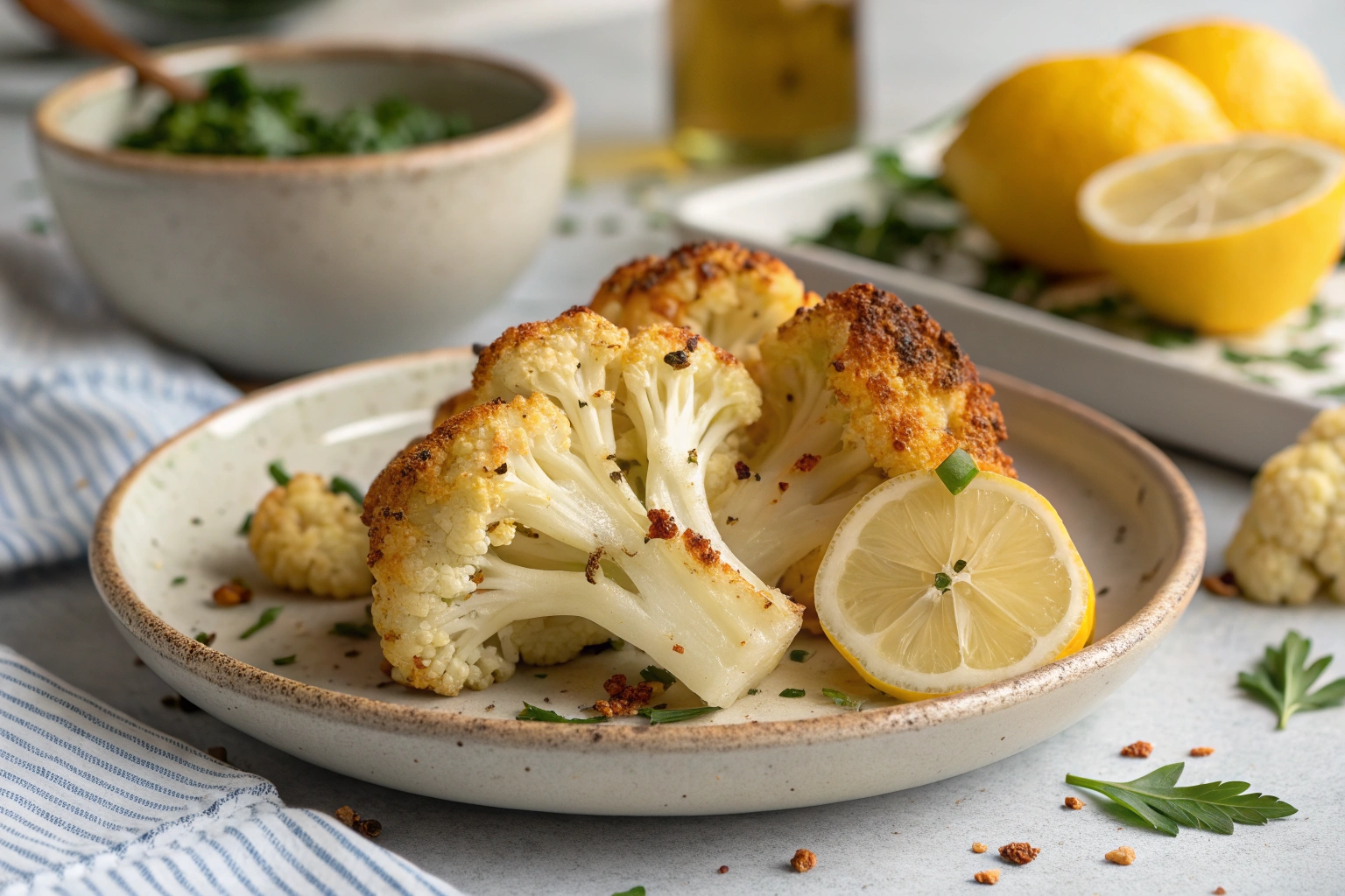 A halved roasted cauliflower floret shows its tender pale interior beside whole cumin-and-lemon florets on a plate.