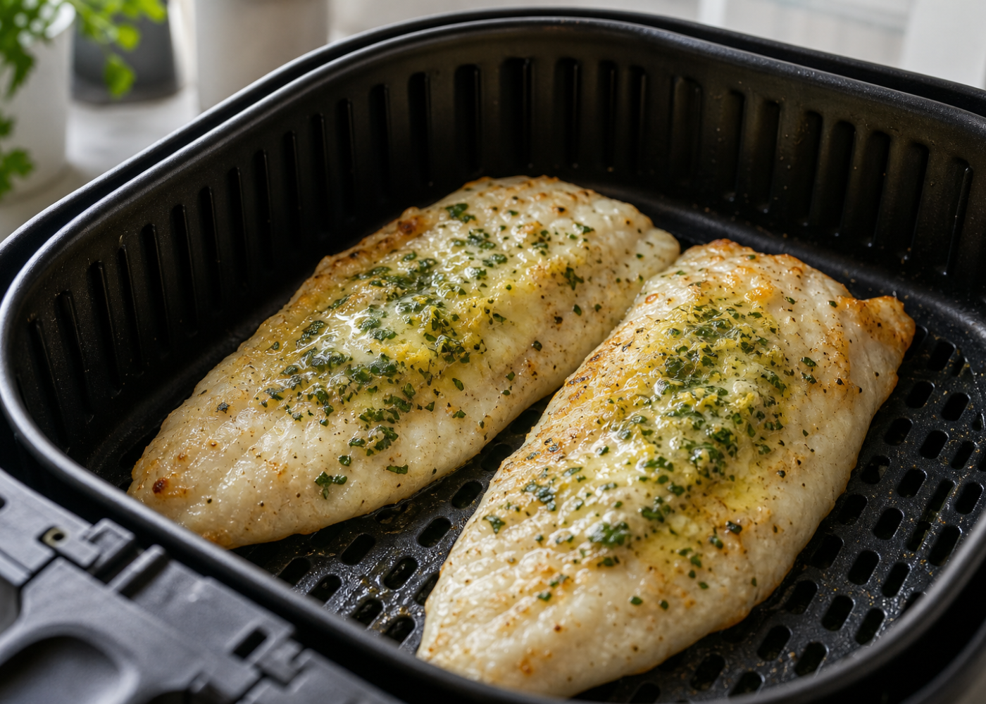 Air-fried sea bass fillets topped with lemon herb butter inside an open air-fryer basket.