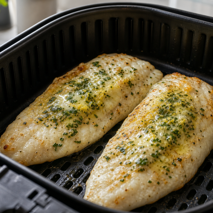Air-fried sea bass fillets topped with lemon herb butter inside an open air-fryer basket.