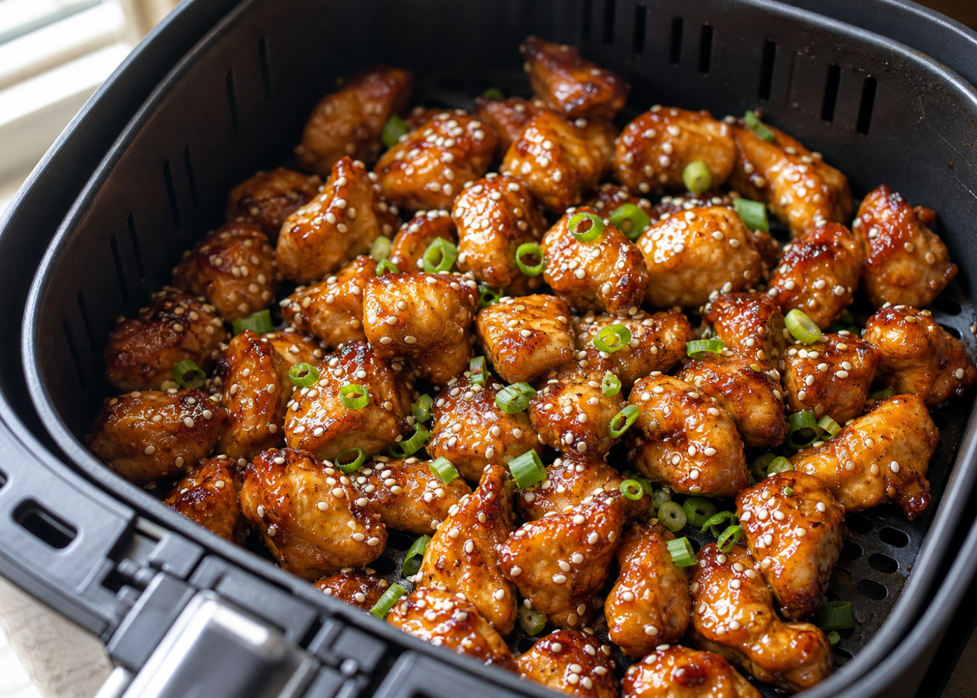 Sticky sesame chicken topped with sesame seeds and green onions inside an open air fryer basket.