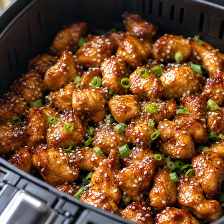 Sticky sesame chicken topped with sesame seeds and green onions inside an open air fryer basket.