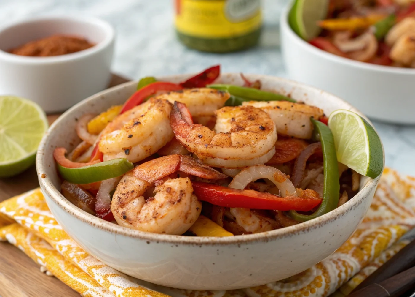 Cooked shrimp fajita filling with red and yellow pepper strips and browned onions in a serving bowl.