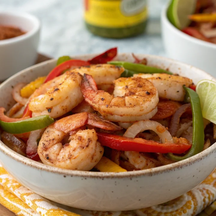 Cooked shrimp fajita filling with red and yellow pepper strips and browned onions in a serving bowl.