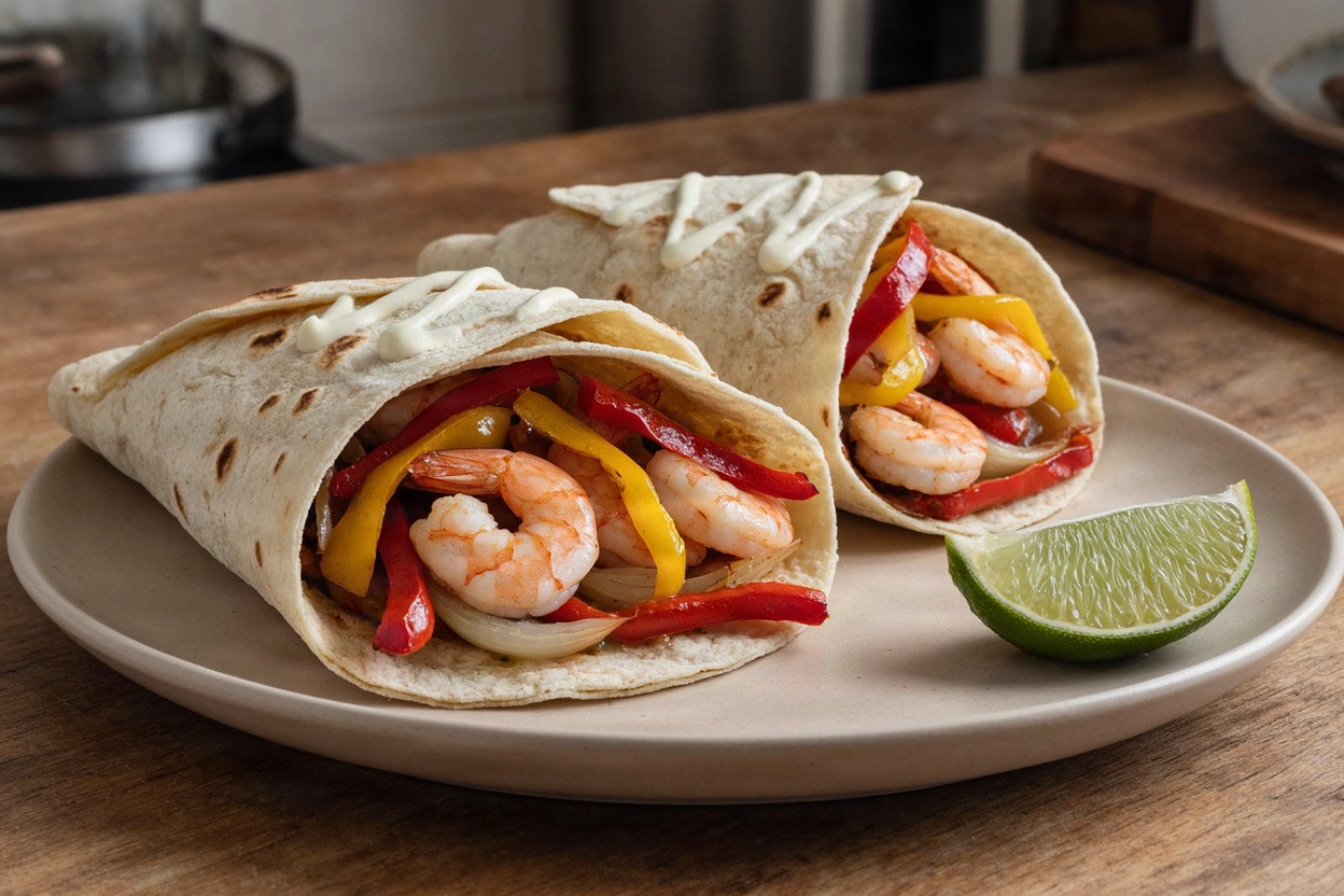 Two shrimp fajitas in flour tortillas with pepper and onion strips, lime crema, and a lime wedge.