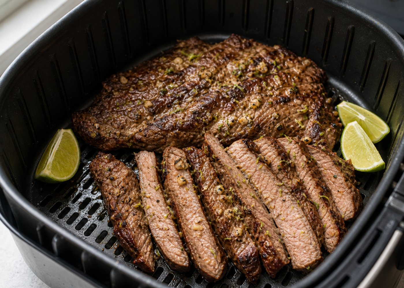 Lime-garlic skirt steak in an open air-fryer basket, with browned edges and sliced pieces showing the cooked interior.