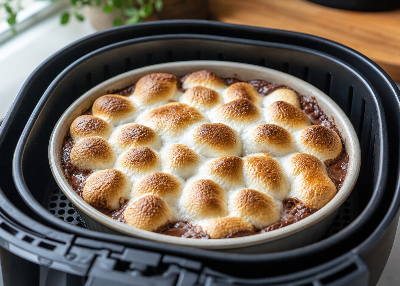 Golden toasted marshmallows over melted chocolate in a small baking dish inside an open air fryer basket.