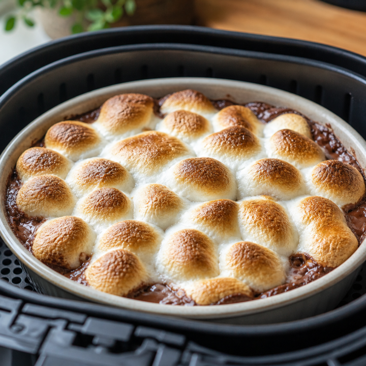 Golden toasted marshmallows over melted chocolate in a small baking dish inside an open air fryer basket.
