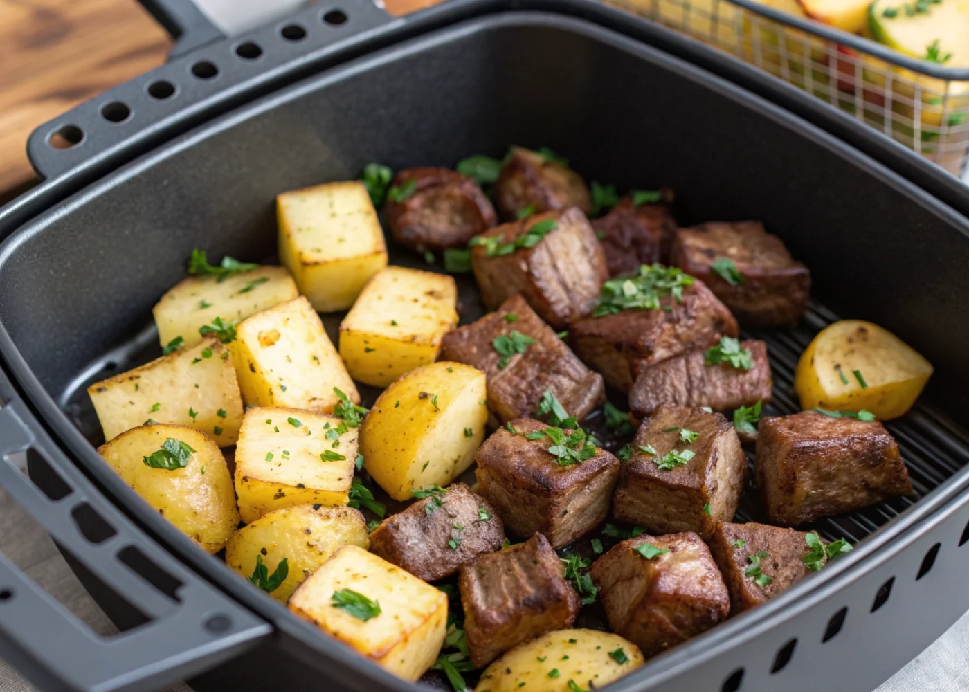 Garlic-butter steak bites and golden skin-on potato cubes with chopped parsley in an open air-fryer basket.