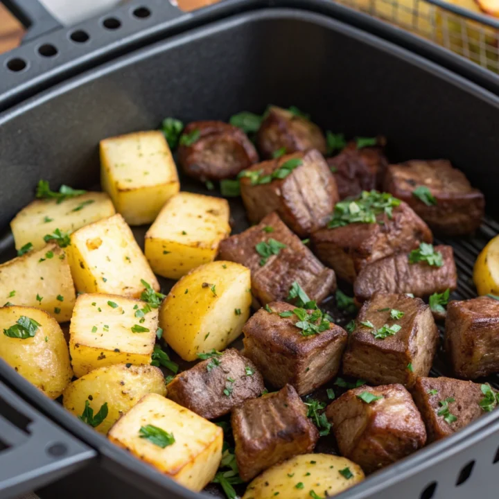 Garlic-butter steak bites and golden skin-on potato cubes with chopped parsley in an open air-fryer basket.