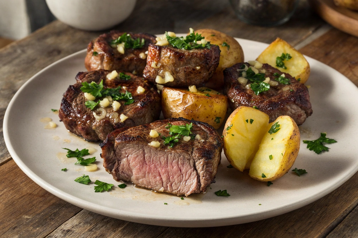 A halved steak bite and split potato cube reveal moist beef and a tender potato center beside garlic-parsley butter-coated pieces.