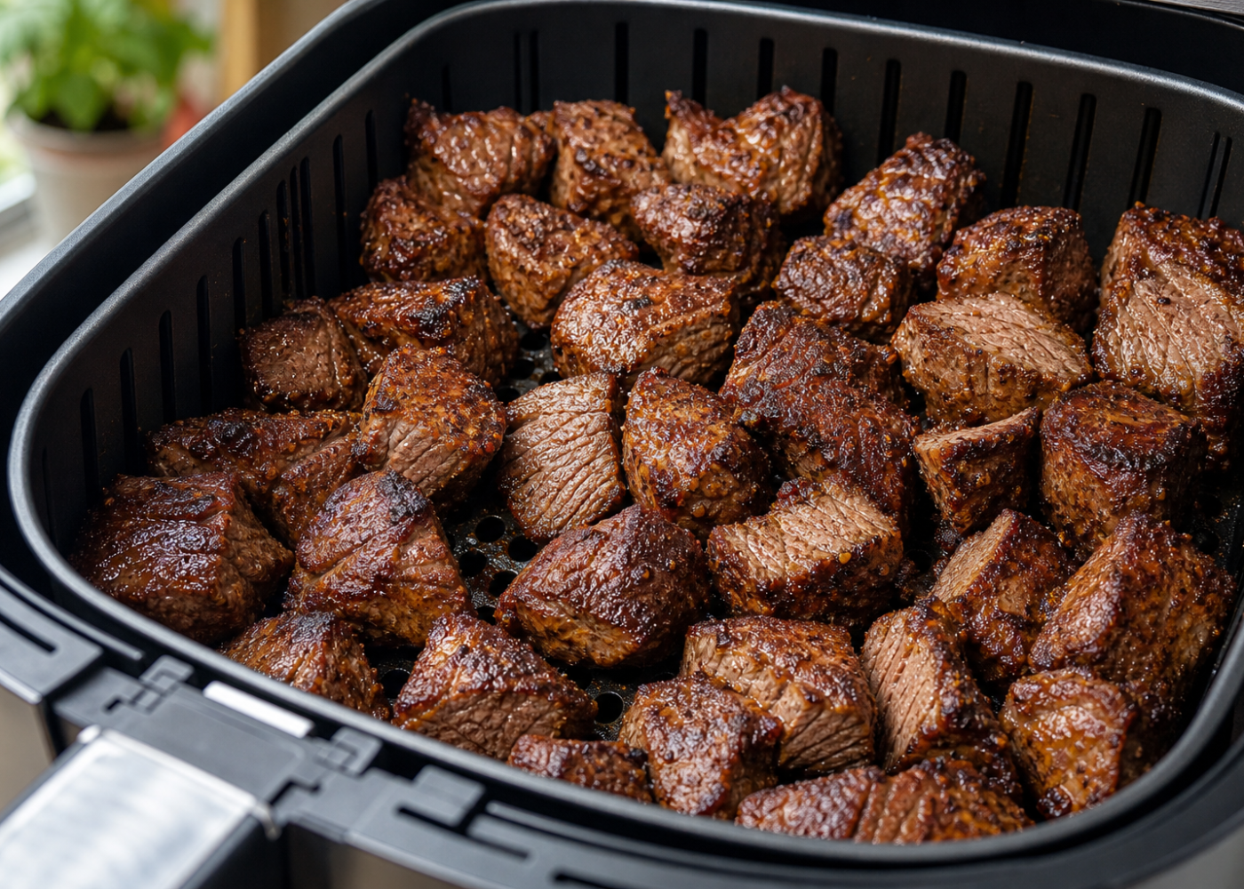 Garlic-paprika beef chuck stew meat with browned edges in an open air-fryer basket.