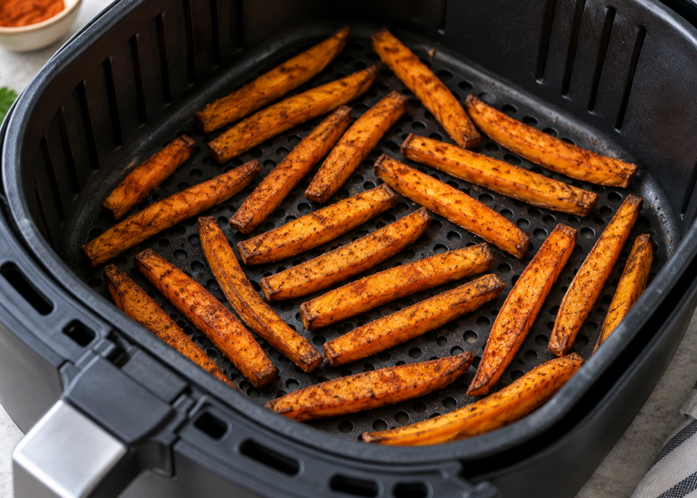 Orange sweet potato fries with lightly browned edges and paprika seasoning arranged in a spaced single layer in an open air-fryer basket.