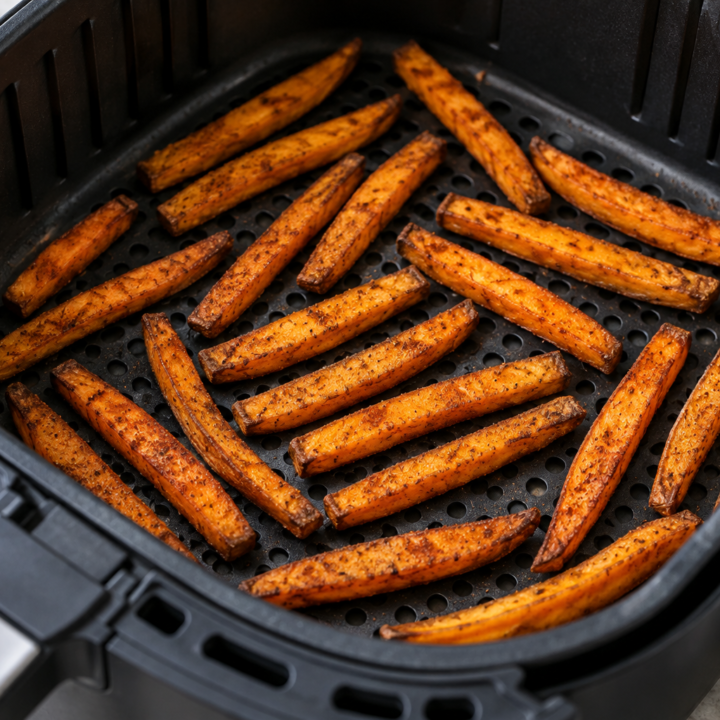 Orange sweet potato fries with lightly browned edges and paprika seasoning arranged in a spaced single layer in an open air-fryer basket.