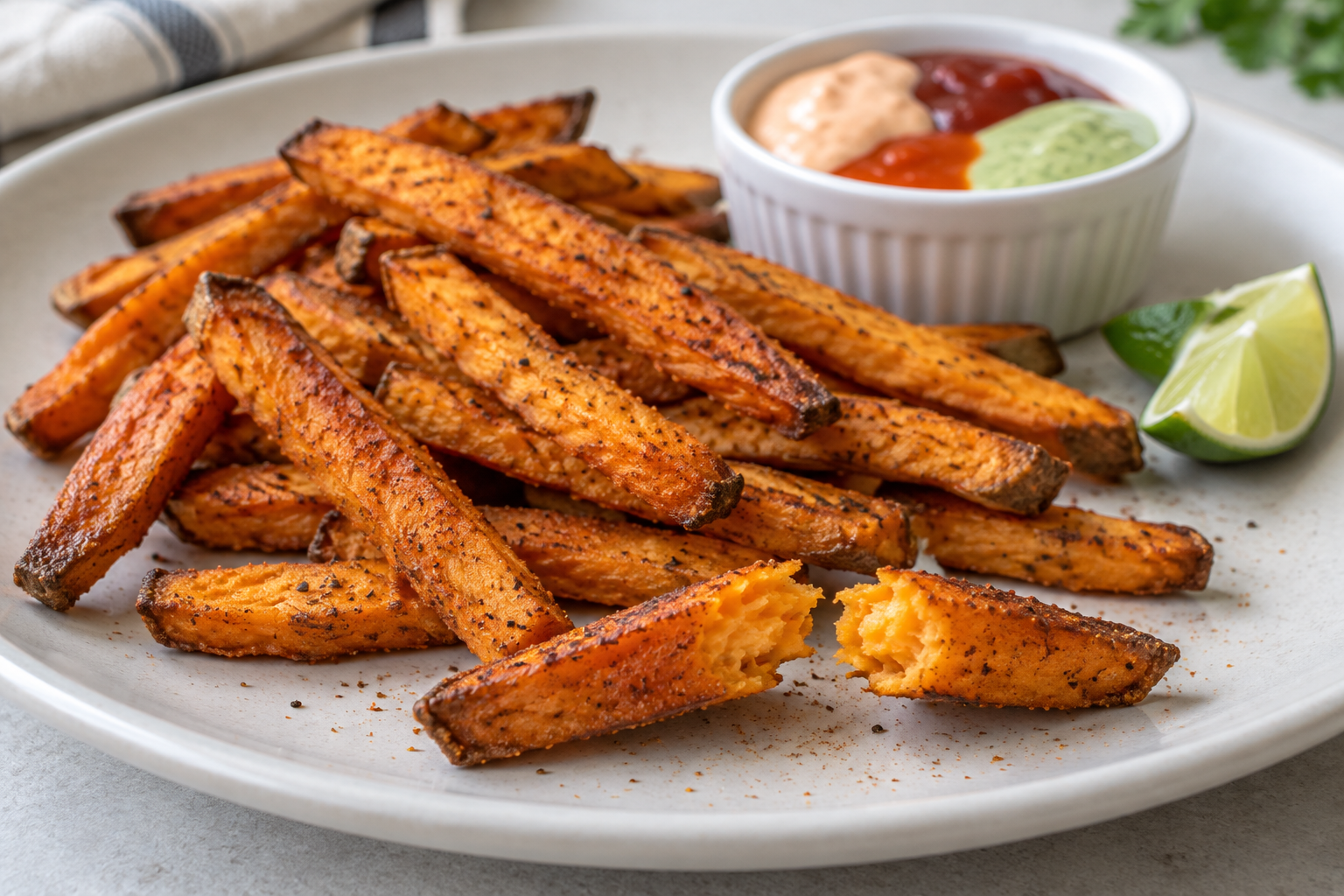Sweet potato fries on a plate with one fry broken open to reveal its tender orange center and a small ramekin of creamy dipping sauce alongside.