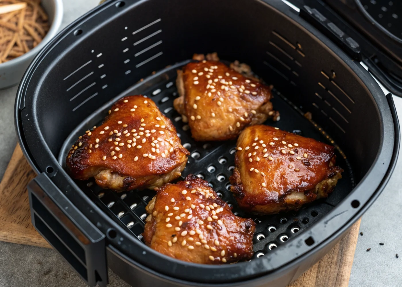 Glossy teriyaki chicken thighs sprinkled with toasted sesame seeds in an open air-fryer basket.