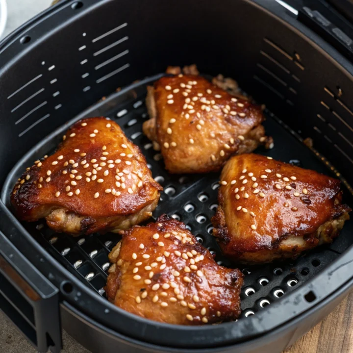 Glossy teriyaki chicken thighs sprinkled with toasted sesame seeds in an open air-fryer basket.