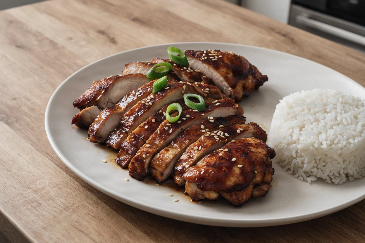 Sliced teriyaki chicken thigh showing its moist, fully cooked interior, topped with sesame seeds and scallions beside rice.