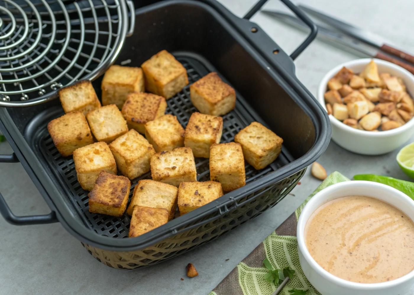 Golden air-fried tofu cubes in an open basket with peanut-lime sauce in a bowl beside it.