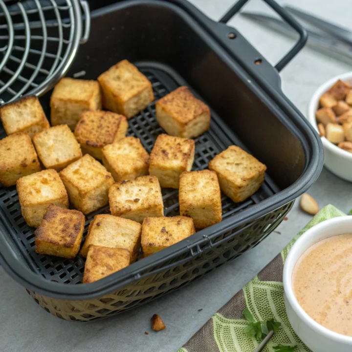 Golden air-fried tofu cubes in an open basket with peanut-lime sauce in a bowl beside it.