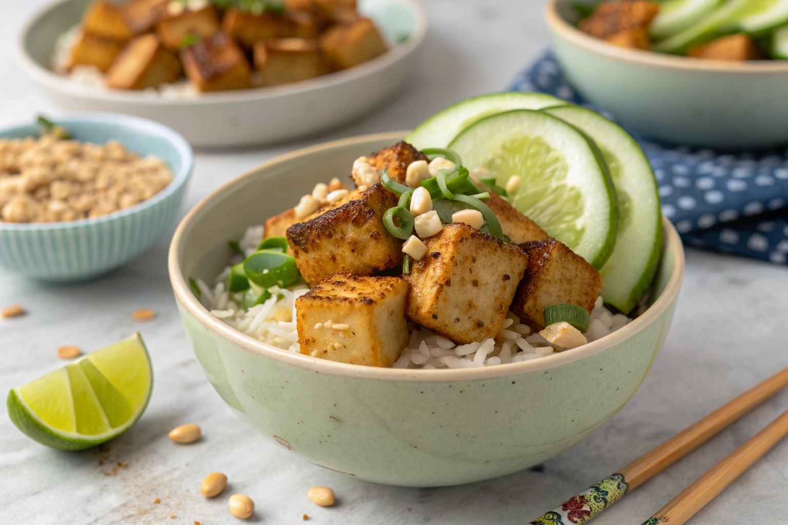 Peanut-lime tofu bowl with rice, cucumber, peanuts, scallions, and a split tofu cube showing its tender center.
