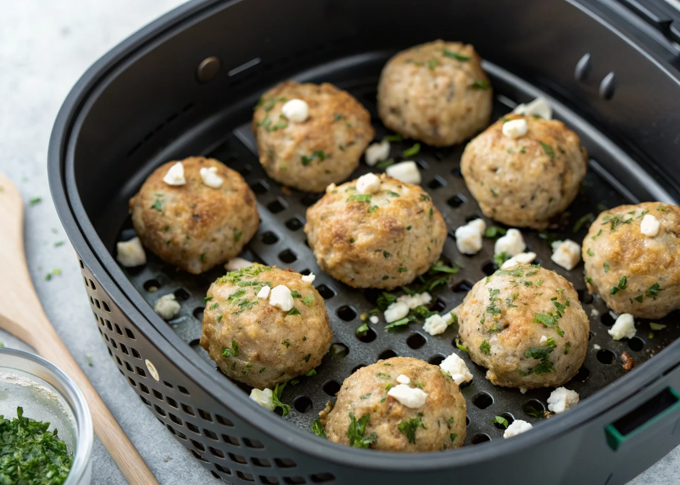 Golden turkey meatballs with feta and dill arranged in a spaced layer in an open air-fryer basket.
