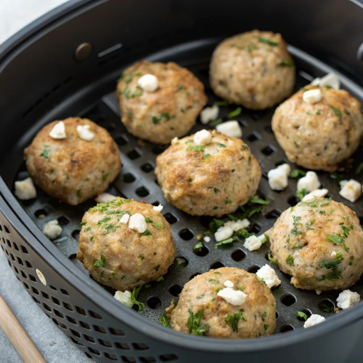 Golden turkey meatballs with feta and dill arranged in a spaced layer in an open air-fryer basket.