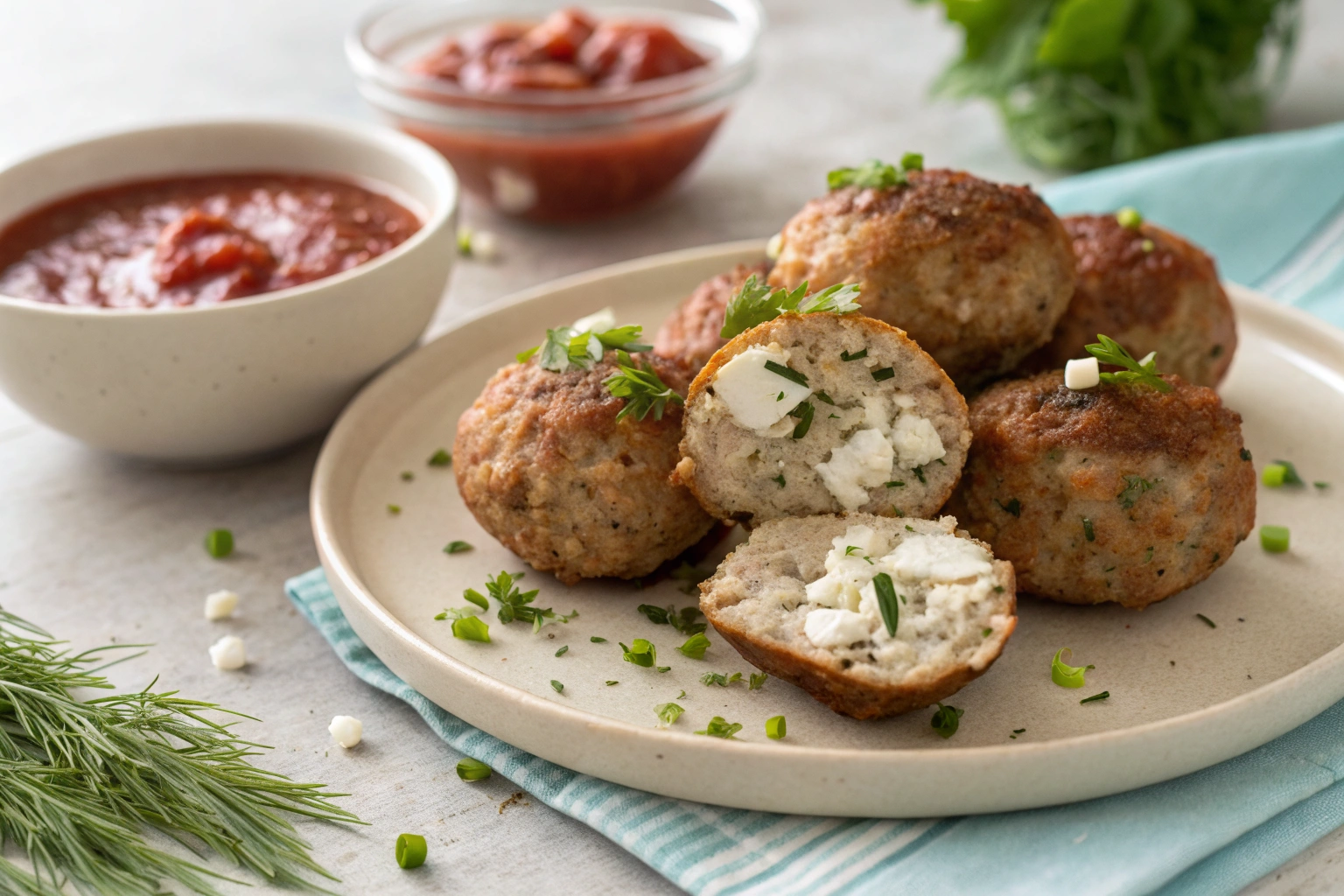 A halved turkey meatball showing its cooked interior with feta and herbs, alongside whole meatballs and dill-flecked lemon-yogurt sauce.