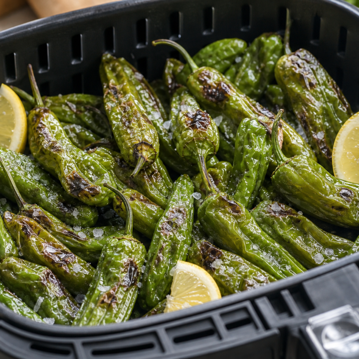 Blistered shishito peppers with lemon filling an open air fryer basket, with its perforated grid visible.