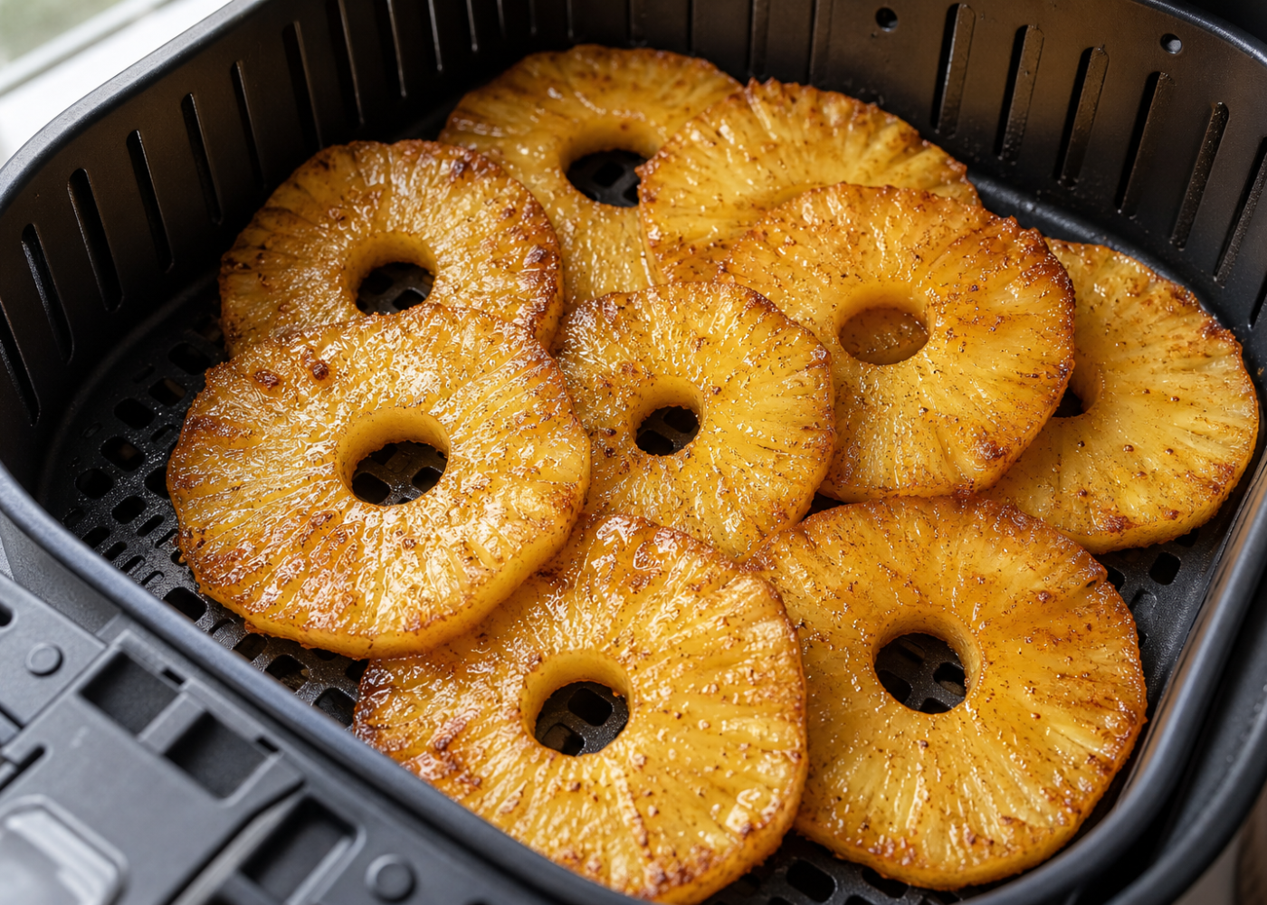 Golden caramelized pineapple slices inside an open air-fryer basket with its rim and perforated grid visible.