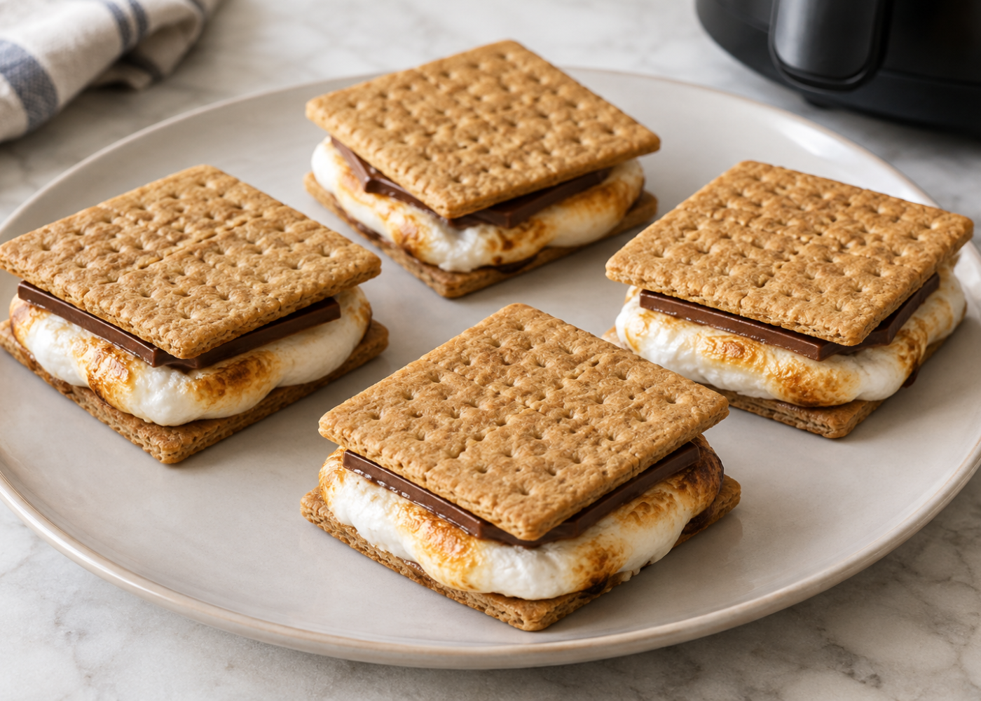 Four assembled air fryer s’mores on a plate, with graham crackers, lightly toasted marshmallow, and softened milk chocolate.