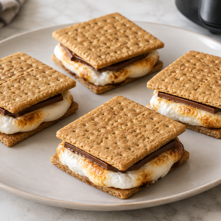 Four assembled air fryer s’mores on a plate, with graham crackers, lightly toasted marshmallow, and softened milk chocolate.