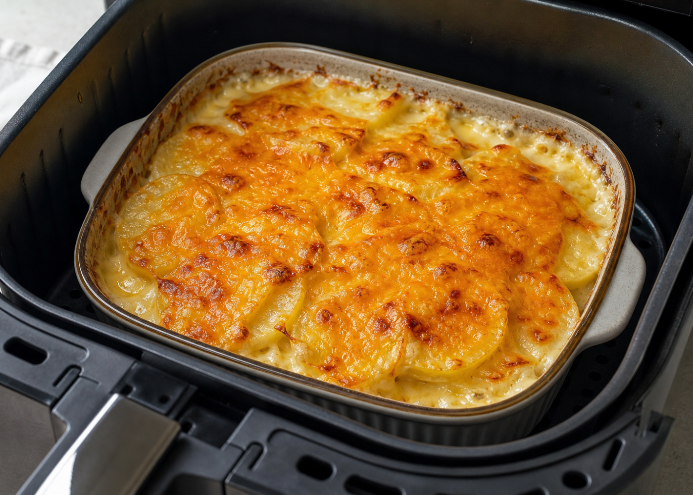 Golden cheddar scalloped potatoes in a small baking dish inside an open air-fryer basket.