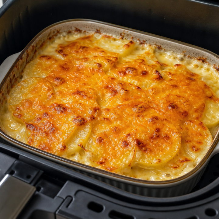 Golden cheddar scalloped potatoes in a small baking dish inside an open air-fryer basket.