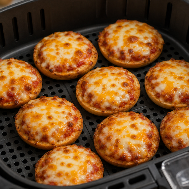 Crispy three-cheese Bagel Bites with melted cheese inside an open air-fryer basket.