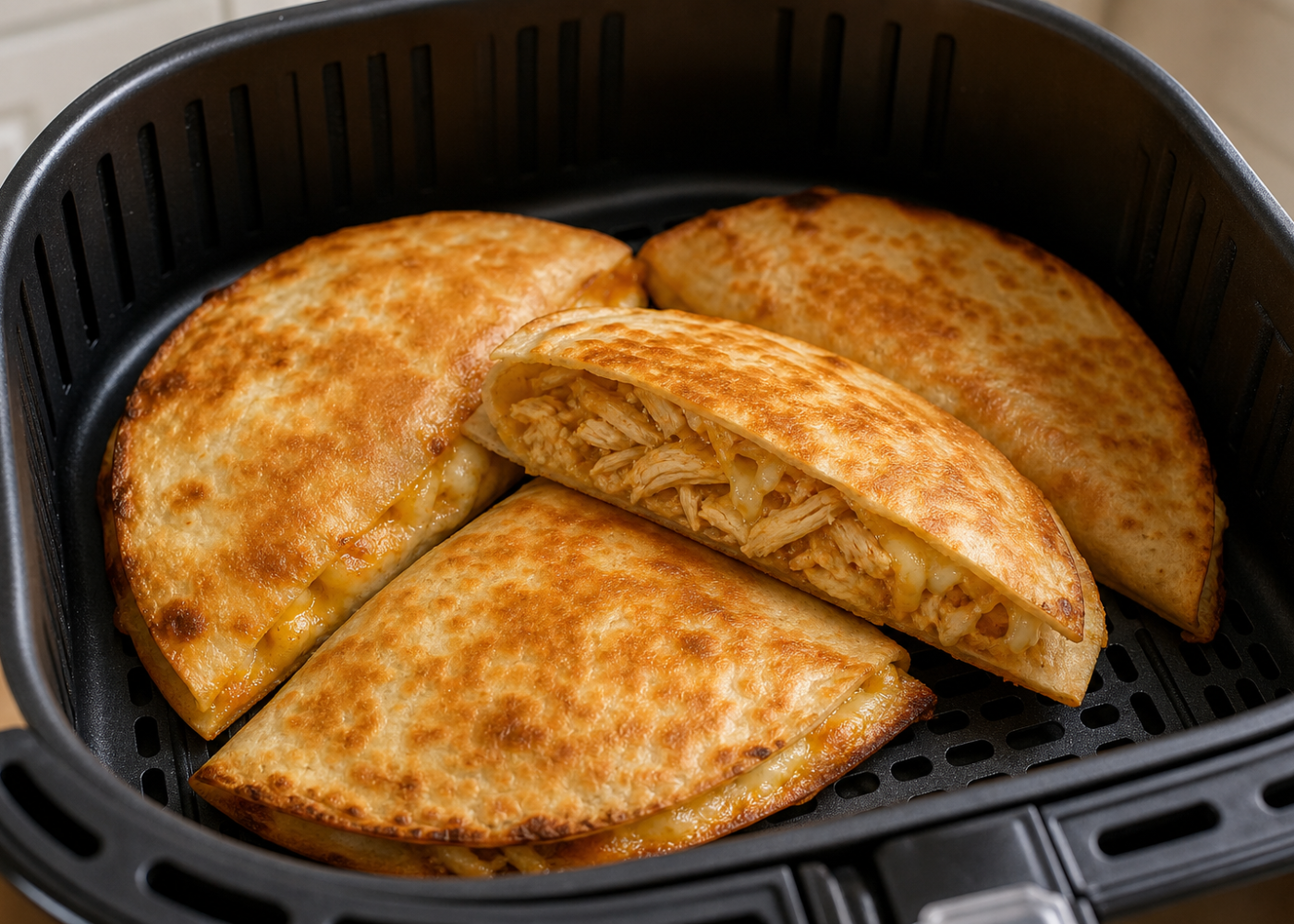 Golden chicken and cheese quesadillas in an open air fryer basket with its perforated grid visible.