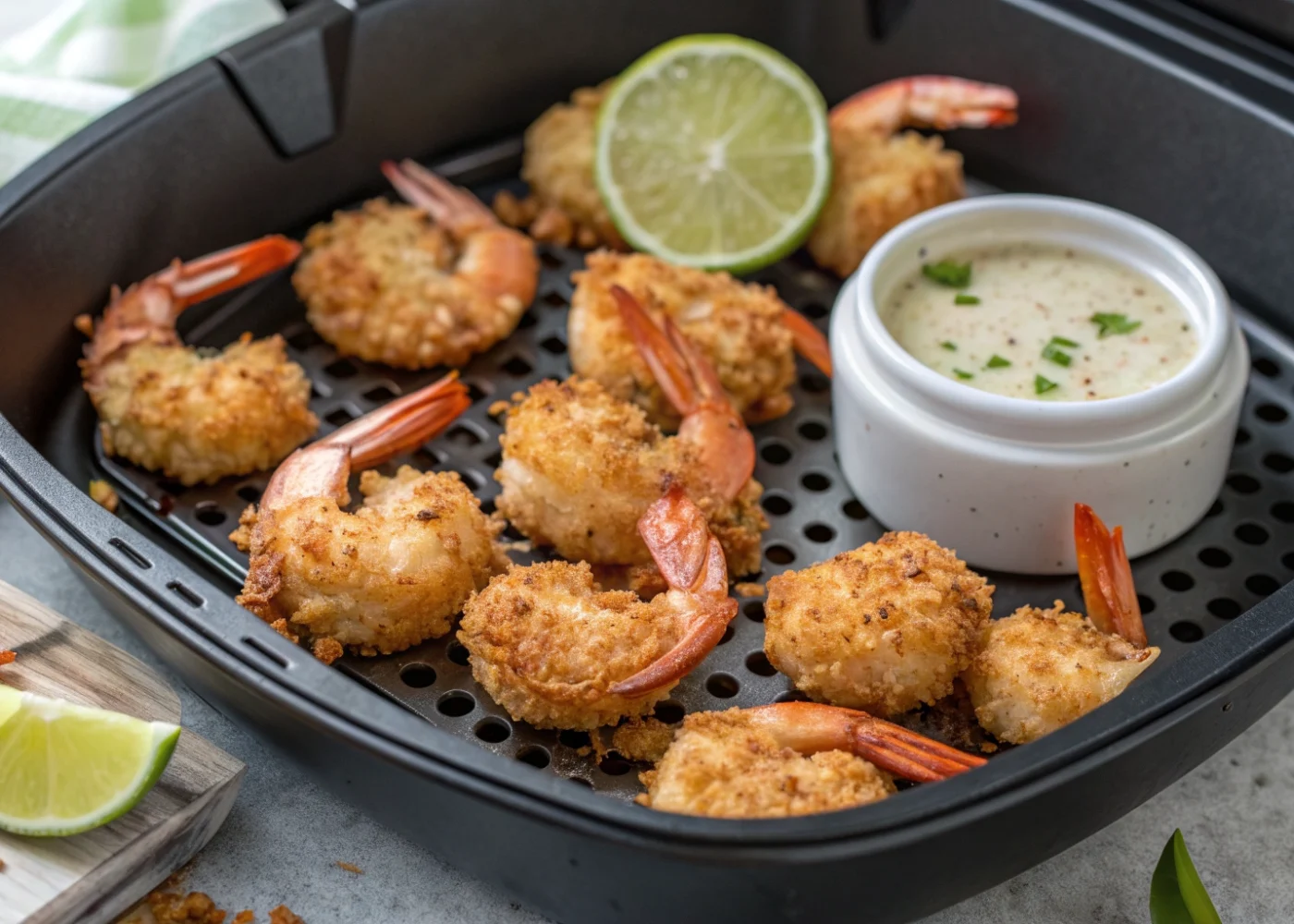 Golden coconut-panko shrimp in a single layer in an open air-fryer basket, with lime dip and lime wedges beside it.