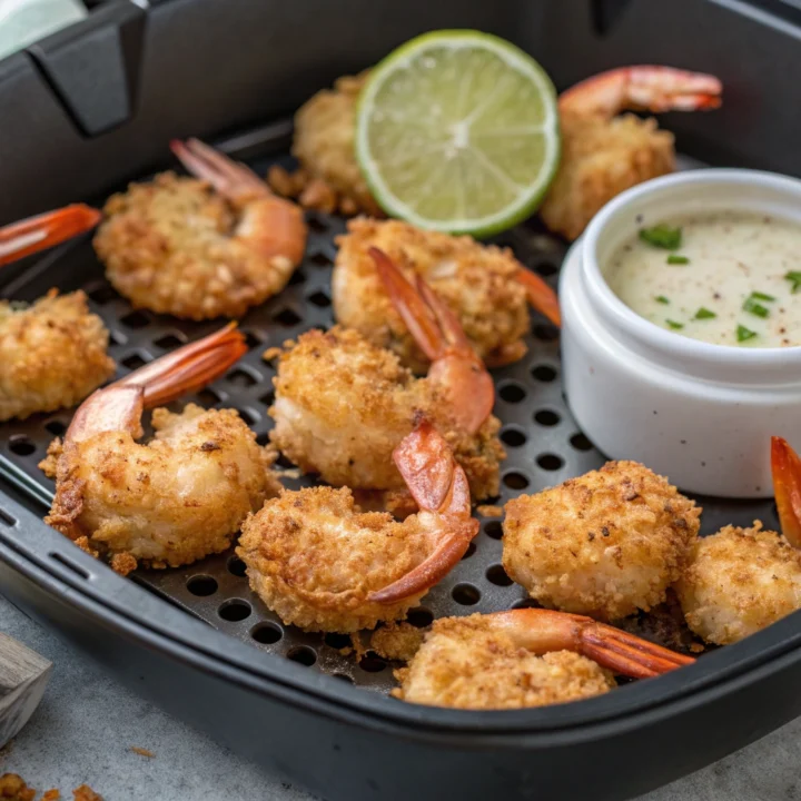 Golden coconut-panko shrimp in a single layer in an open air-fryer basket, with lime dip and lime wedges beside it.