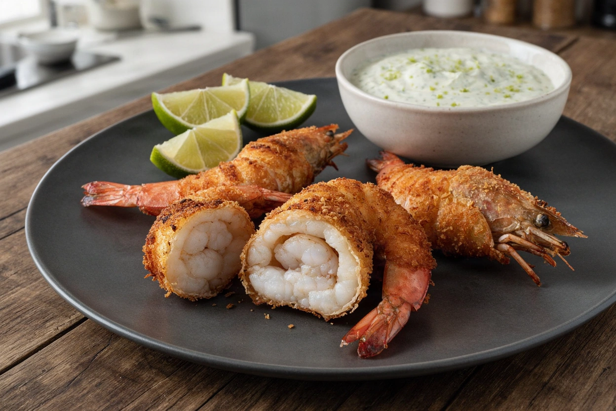 Cut-open coconut shrimp showing opaque flesh beneath a golden crust, with whole shrimp, lime dip, and lime wedges on a plate.