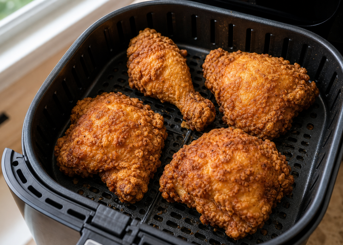 Crispy buttermilk fried chicken thighs and drumsticks in an open air fryer basket with its perforated grid visible.