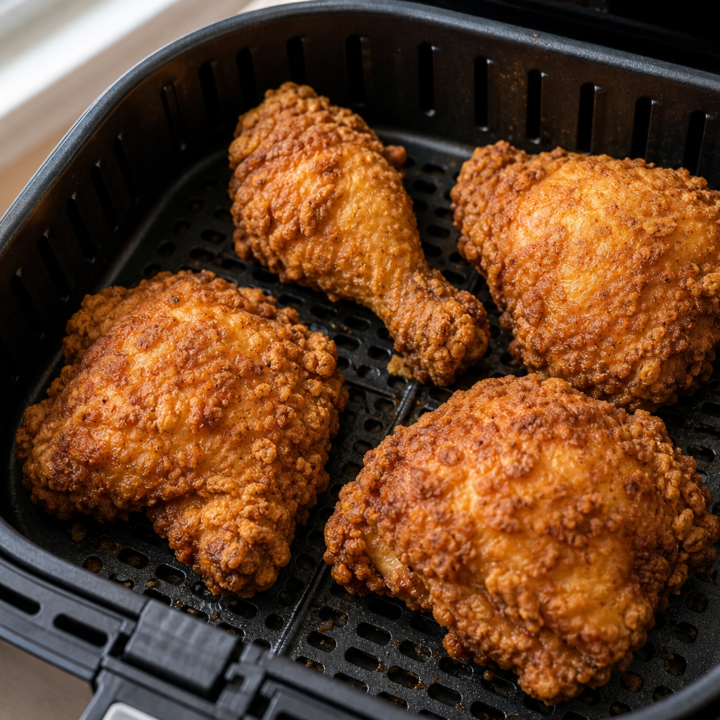 Crispy buttermilk fried chicken thighs and drumsticks in an open air fryer basket with its perforated grid visible.
